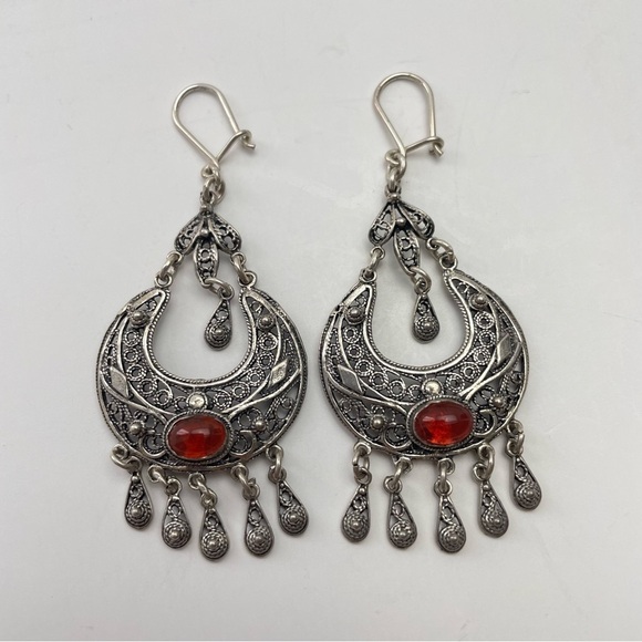 Sterling Silver 925 Dangle Earrings Amber Cabochon - Picture 2 of 11